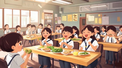 Obraz premium Students Eating Lunch in Classroom at School Having Fun Together