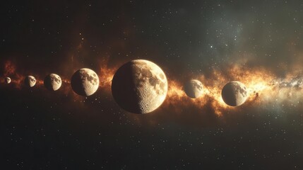 Stunning Representation of Planets Orbiting in a Cosmic Nebula with Celestial Lights and Depth