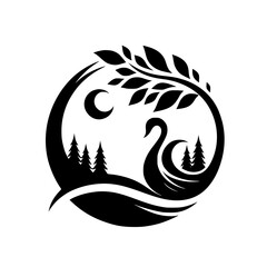 Serene Swan & Moonlit Landscape: Minimalist Black & White Design