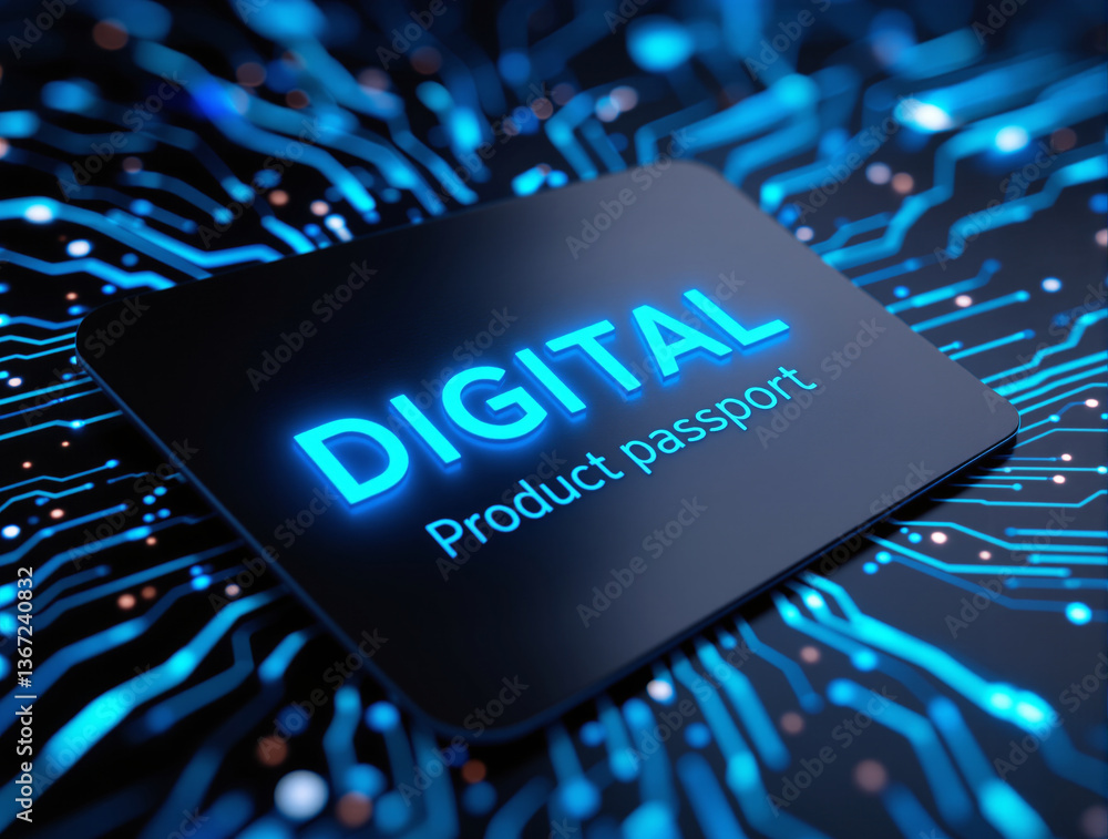 Poster glowing digital product passport card on illuminated tech circuit background, symbolizing innovation
