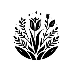 Monochromatic Floral Emblem: Tulip & Leafy Composition in a Circle