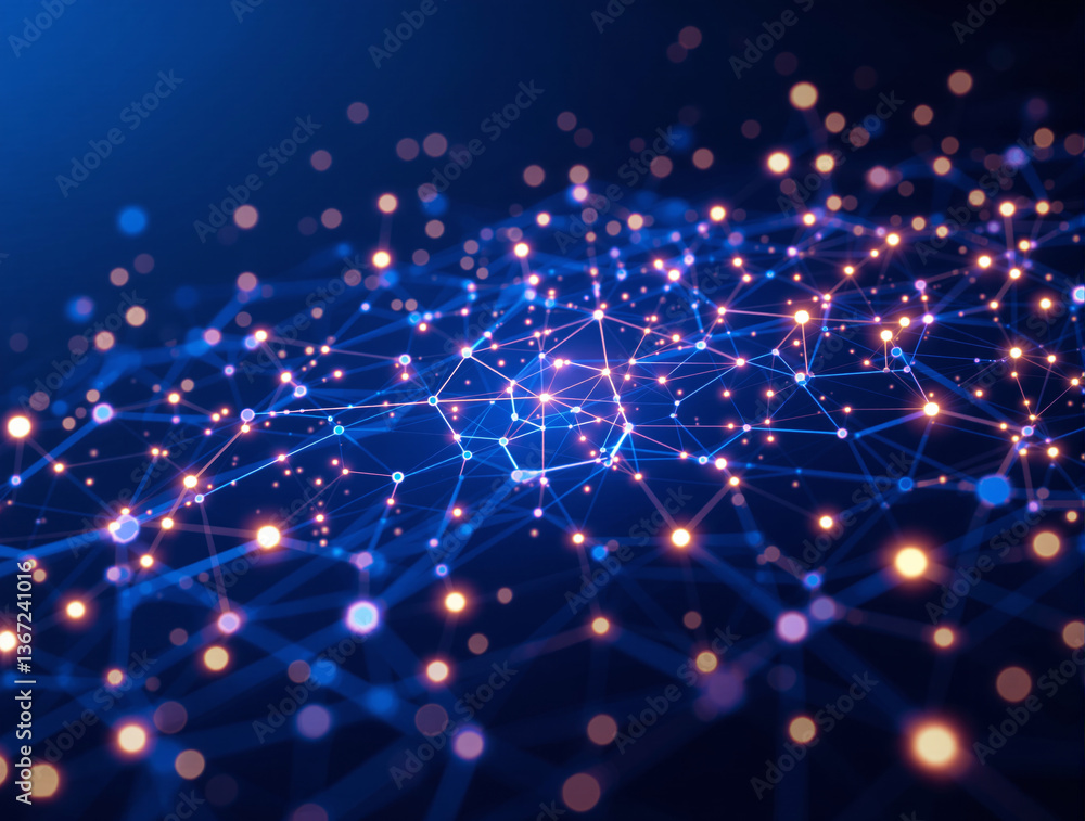 Poster glowing connected nodes and lines forming digital network on abstract deep blue background, symboliz
