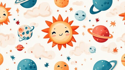 Cute planets, sun, stars seamless pattern