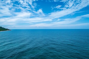 Fototapeta premium Landscape beautiful summer panorama wide horizon look viewpoint shore open sea beach cloud clean and blue sky background calm nature ocean wave water nobody travel at thailand chonburi sun day time