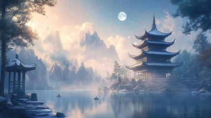 Tranquil Lake Surrounded by Misty Mountains and a Traditional Pagoda at Moonlit Evening