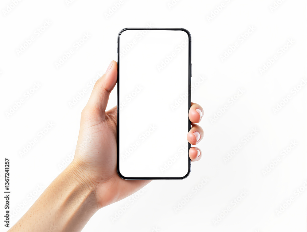 Poster human hand holding a smartphone with blank display screen, minimal clean style, isolated on white ba