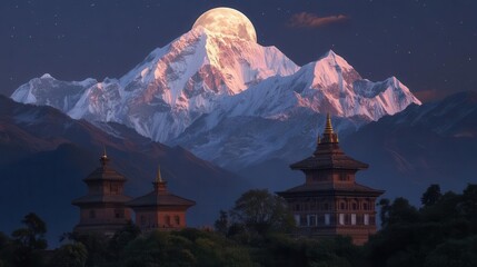 Stunning Snow-Capped Mountain Under Bright Moonlight with Traditional Temples in Foreground