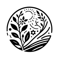 Floral Harmony: Minimalist Nature Circle in Black & White