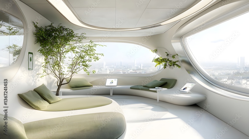 Poster cutting edge futuristic office space featuring ai driven climate adjustment and ambient sensor techn