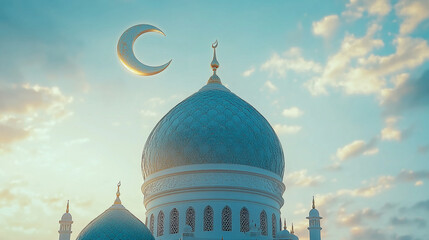 View of a mosque dome with crescent moon against a cloudy blue sky at daytime in a serene setting.