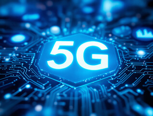 Futuristic 5G glowing icon on digital circuit board, electronic tech style, on blue background. Concept of network speed, communication innovation. Ai generative