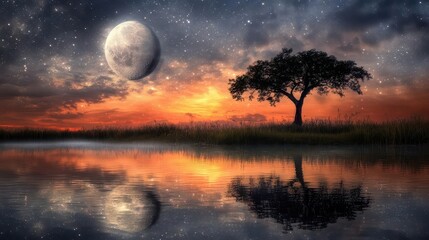 Stunning Sunset Reflection with Silhouette of a Tree and Full Moon in a Calm Landscape