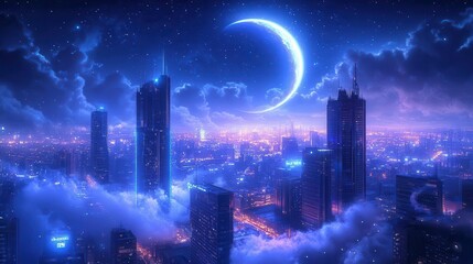 Urban Nightscape with Glowing Skyscrapers and a Crescent Moon Under Starry Sky