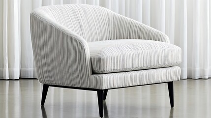 An upholstered armchair featuring vertical stripes and black legs