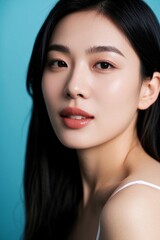 Obraz premium a close up of a woman with long hair and a white tank top