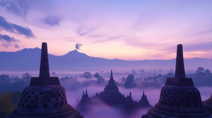 Stupas and Ancient Temples at Sunrise Surrounded by Misty Mountains in Central Java