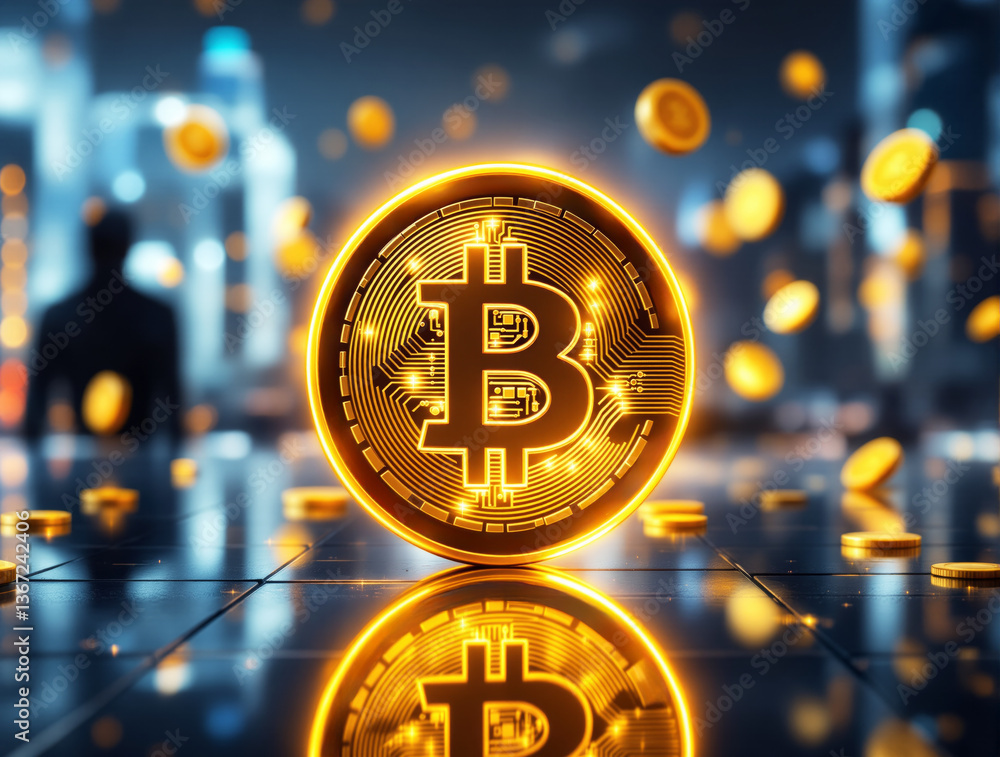 Poster glowing golden bitcoin symbol with circuit design in futuristic tech-inspired environment, surrounde
