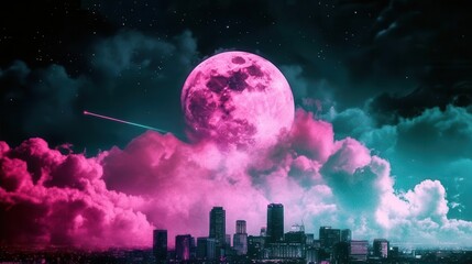 Surreal Cityscape Under a Bright Pink Moon and Colorful Clouds at Night