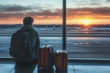 Fototapeta premium Silhouette of a person with luggage at the beach during sunset