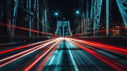 Fototapeta premium Illuminated bridge at night with blurred traffic lights creating dynamic motion