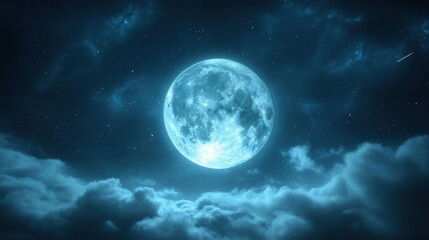 Majestic Full Moon Illuminating A Tranquil Night Sky Surrounded By Soft Clouds And Stars