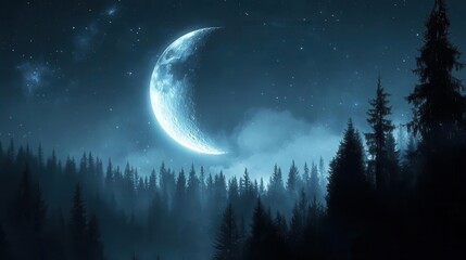 Majestic Moon Illuminating a Dark Forest Under a Starry Night Sky