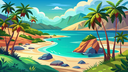 Obraz premium vector of peaceful African coastline where turquoise waters meet sandy beaches and palm trees