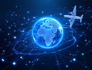 Airplane flying near glowing digital Earth with network mesh lines, futuristic tech style on dark starry background, concept of global aviation connectivity. Ai generative