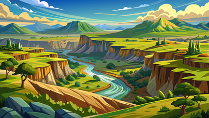 A panoramic view of the Great Rift Valley with dramatic cliffs and vast green landscapes