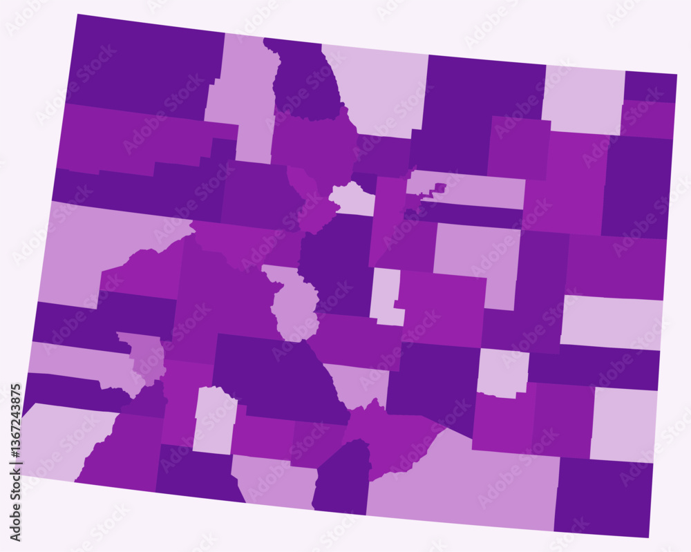 Poster map of colorado with counties. just a simple state border map with county division. purple color pal
