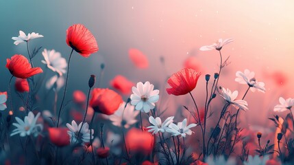 Obraz premium Vibrant Red Poppies and White Daisies Blooming in a Serene Pastel Landscape at Sunrise