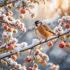 Fototapeta premium Bird on Snow-Covered Apple Branch in Winter Sunlight