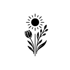 Minimalist Floral Silhouette: Sun, Tulip, & Branch in Black and White