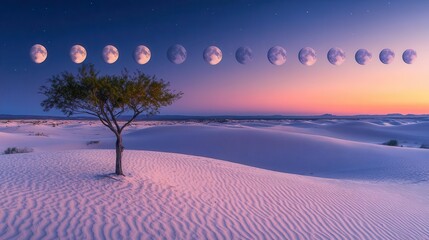 Tree in Desert Under Moon Phases During Twilight with Beautiful Gradient Sky and Soft Clouds