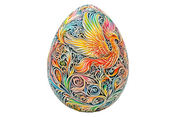 Fototapeta premium Decorative Easter egg with vibrant phoenix motif, featuring intricate swirling patterns in multiple colors isolated on white transparent background, symbolizing rebirth