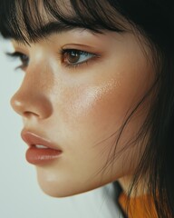 Woman with glowing skin and gold highlighter on cheek