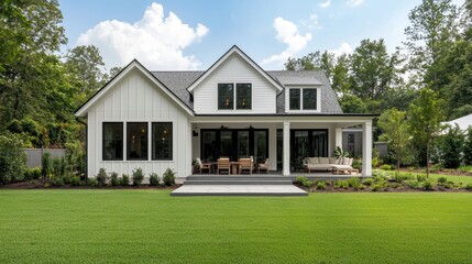 Fototapeta premium Charming Modern Home with Spacious Patio and Lush Green Lawn Surrounded by Nature and Trees in Bright Daylight