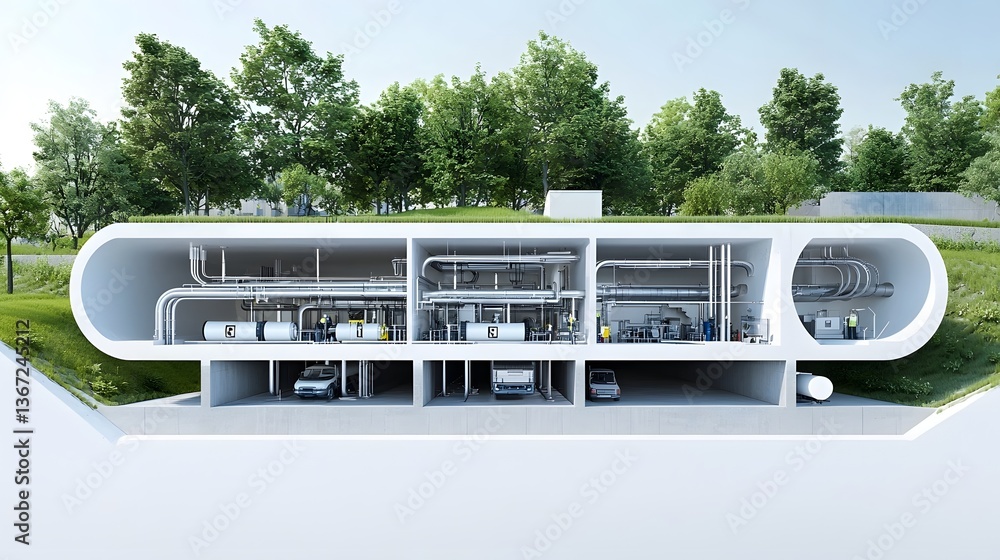 Poster transparent cross section of a city s complex underground water drainage system showing multiple int