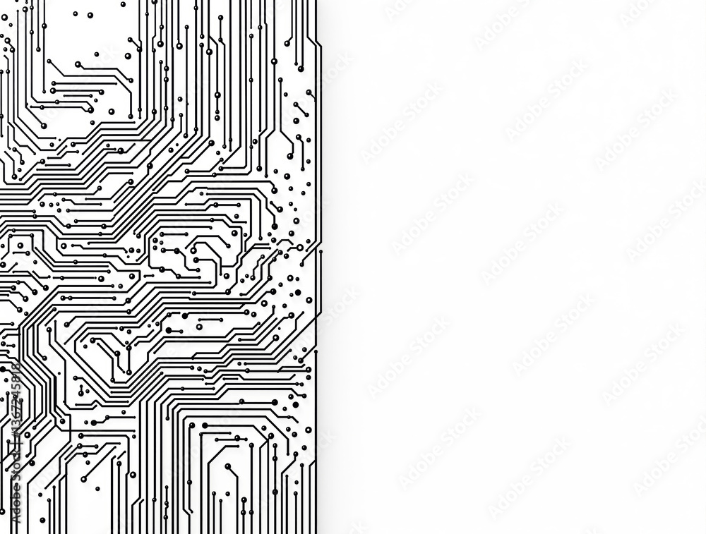 Poster abstract tech circuit layout with detailed lines and dots on the left side, minimalist modern style,