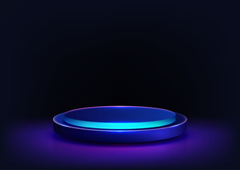 3d round neon podium glowing on dark background technology mockup product display showcase futuristic stage