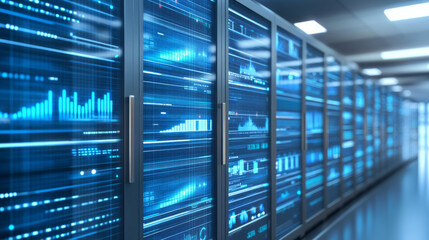 High tech data center with glowing screens and graphs