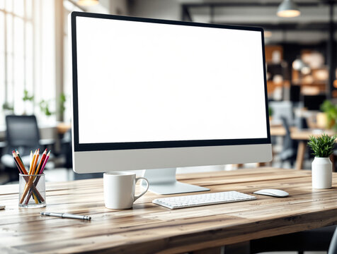 Desktop computer with blank screen on wooden desk in modern office, realistic style, blurred background. Concept of workplace and tech. Ai generative