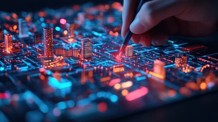 Naklejka premium Futuristic Cityscape Visualization with Neon Lights and Hand Interacting with Digital Model