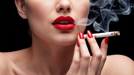 Obraz premium Close Up of a Woman with Red Lipstick Smoking a Cigarette Against a Black Background, Smoke Concept