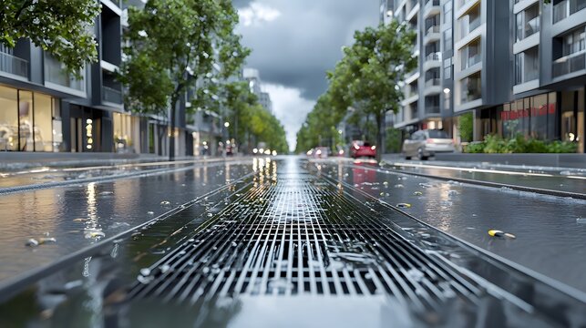 A modern urban street scene featuring a network of drainage grates and sewer inlets designed for efficient runoff and water management during rainy weather conditions