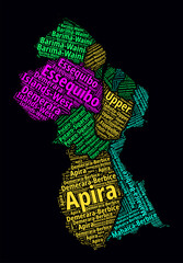Guyana Regions Word Clouds. Bright neon style design on a dark background. Region names of the country in the English language. Country shape with administrative division. Awesome vector illustration.