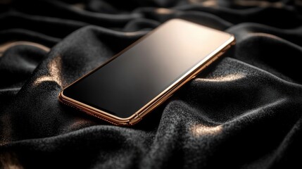 The luxury smartphone sits gracefully against a black velvet background, showcasing its golden frame and sleek design, while providing ample space for branding elements.