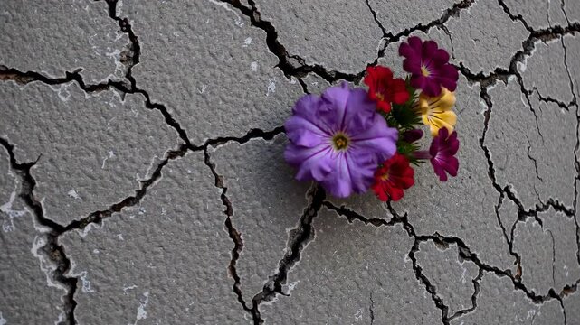 Resilience of flowers blooming through cracked earth in timelapse motion