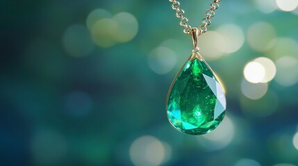 Emerald teardrop pendant necklace, bokeh background