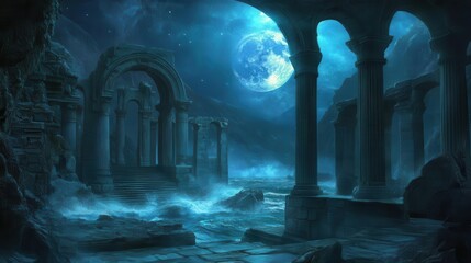 Mysterious Moonlit Ruins by the Ocean with Silhouetted Columns and Ethereal Night Atmosphere